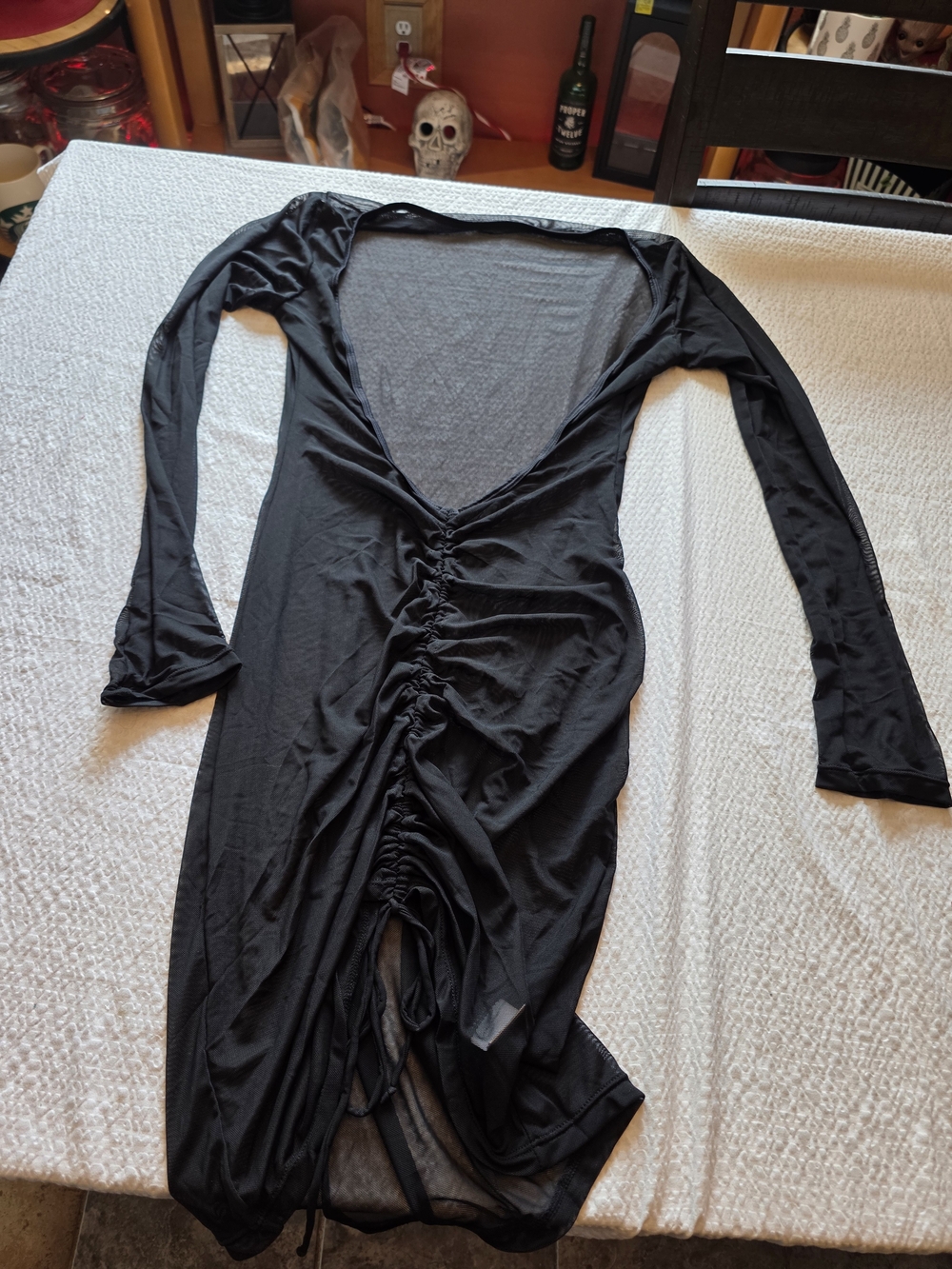 Black Long-Sleeve Ruched Swim Coverup Xl